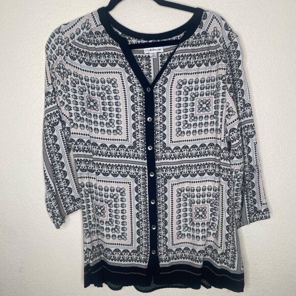 Croft & Barrow Womens Black & White Patterned Cardigan L 3/4 Sleeve Button Front - Picture 1 of 12